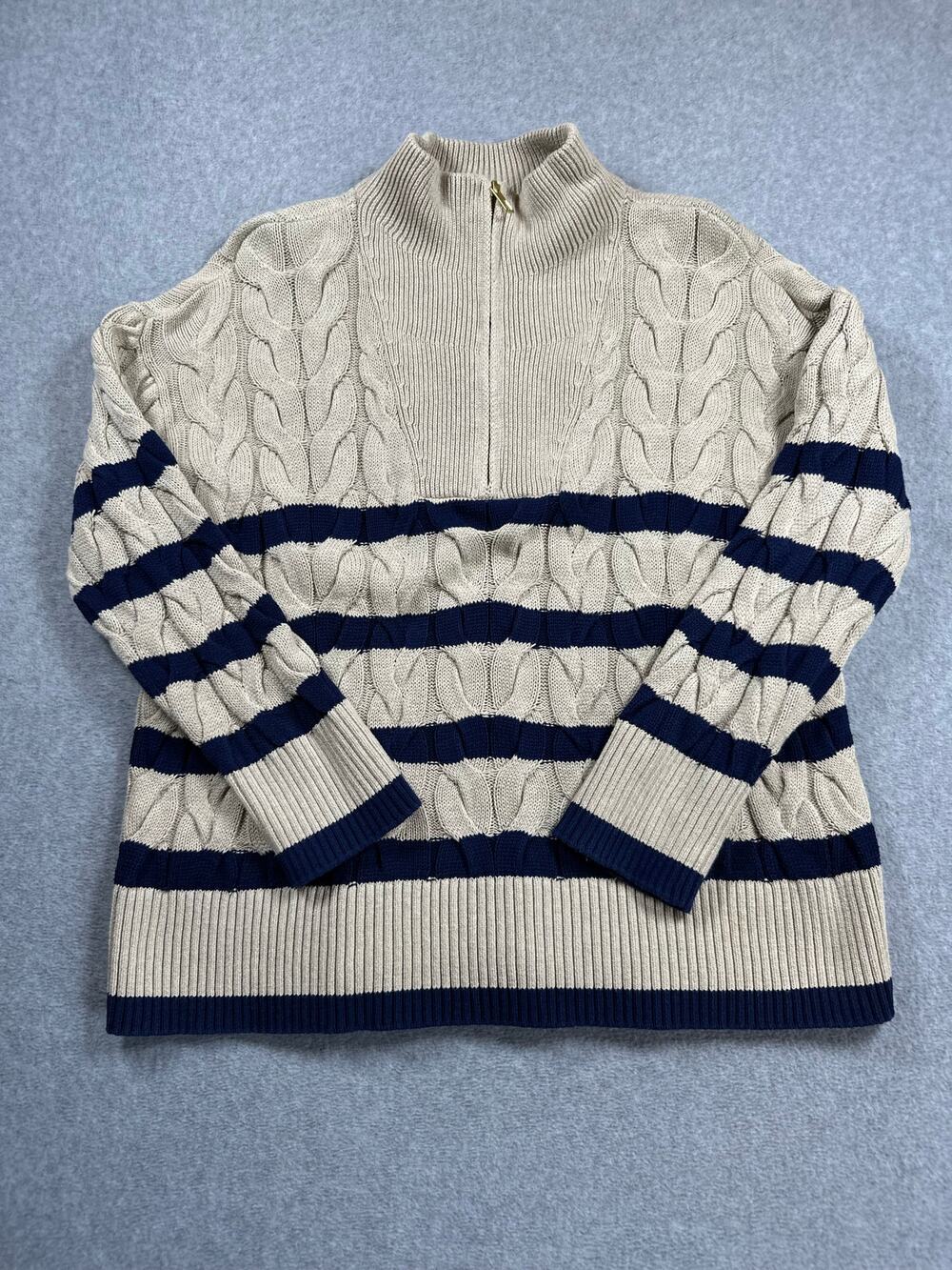 Lands' End Sweater Women's Size 1X Beige Navy Blue Striped Cable Knit Half Zip